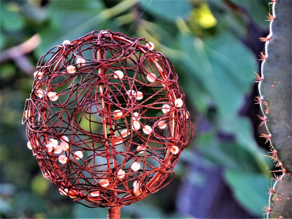 sphere, nature, yard art, sunset, wire and beads
