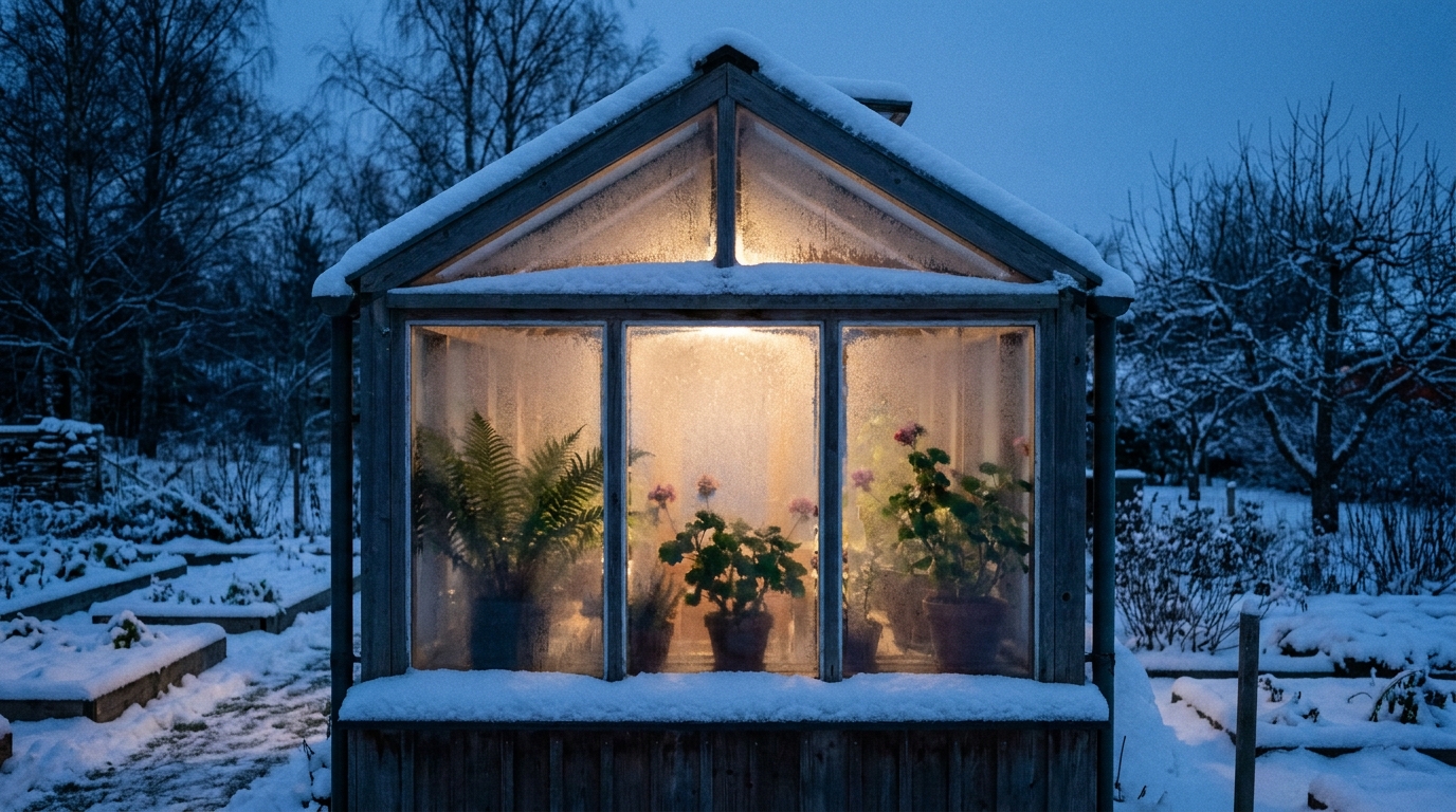 Gewächshaus im Winter mit Raureif auf den Scheiben