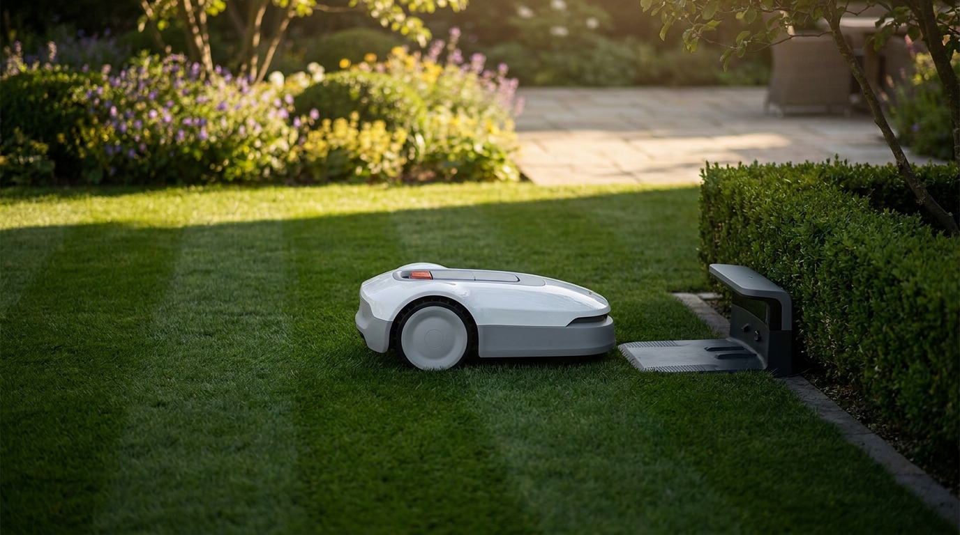 Mähroboter auf einem gepflegten Rasen vor seiner Ladestation